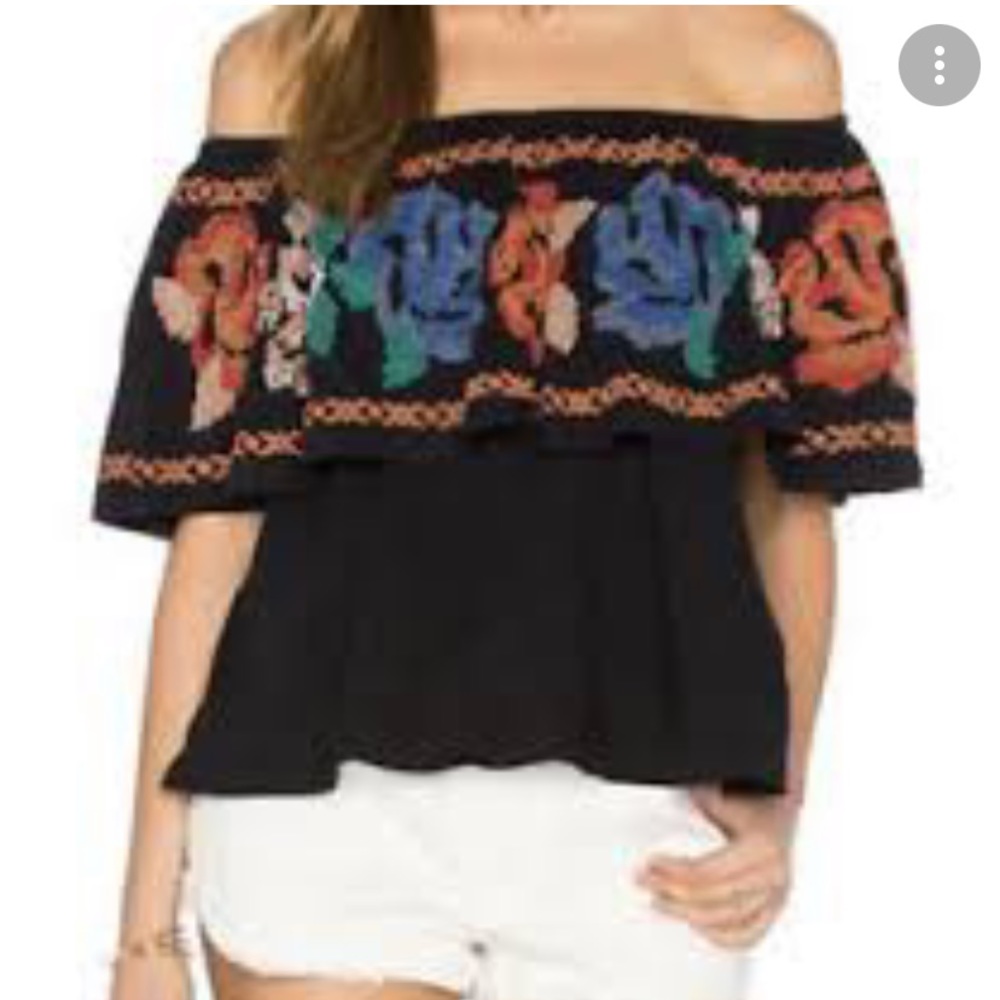 Free People To The Left off shoulder top. Cross stitched details, crochet detail